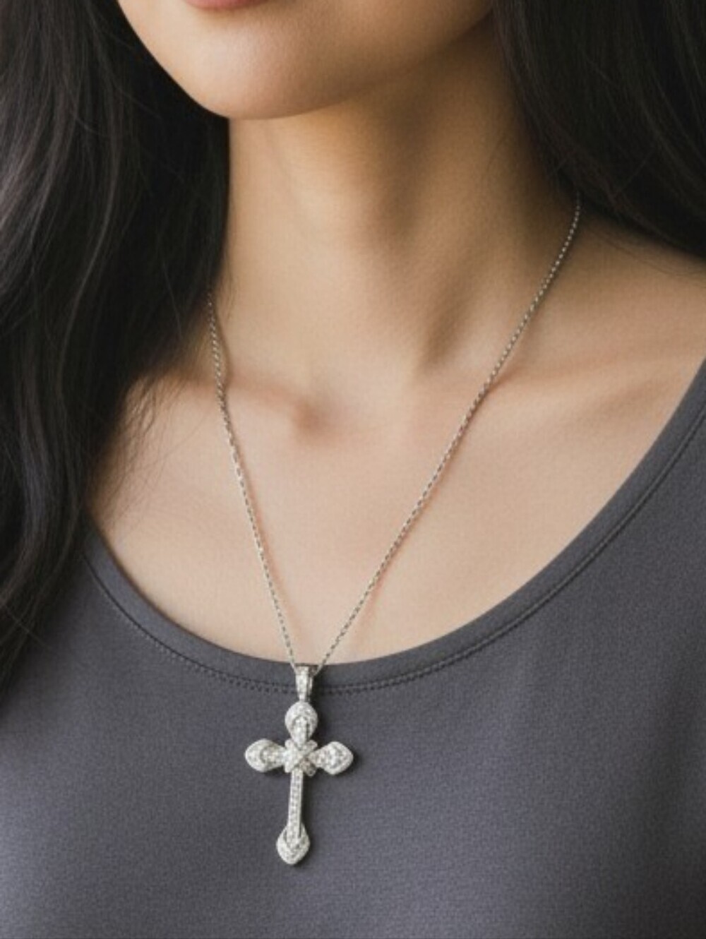 Sterling Silver CZ Cross Pendant Necklace